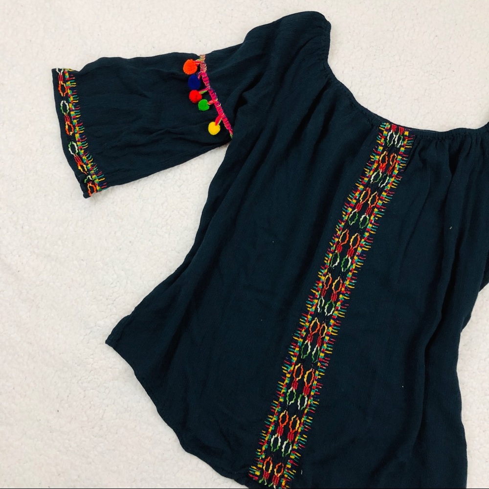 Amanda's F Embroidered Off Shoulder Pom Pom Blouse
